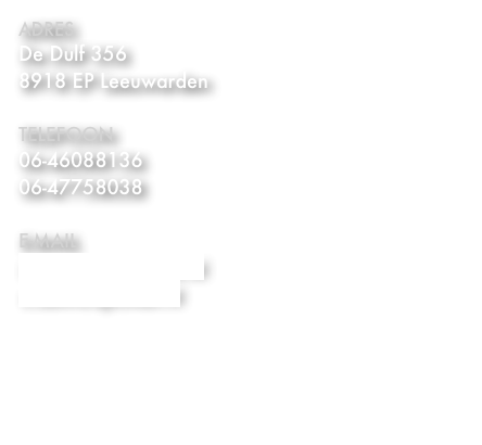 Adres&#10;De Dulf 356&#10;8918 EP Leeuwarden&#10;&#10;Telefoon&#10;058-2650109&#10;&#10;Mobiel&#10;06-46088136&#10;06-47758038&#10;&#10;E-mail&#10;info@samirijschool.nl&#10;